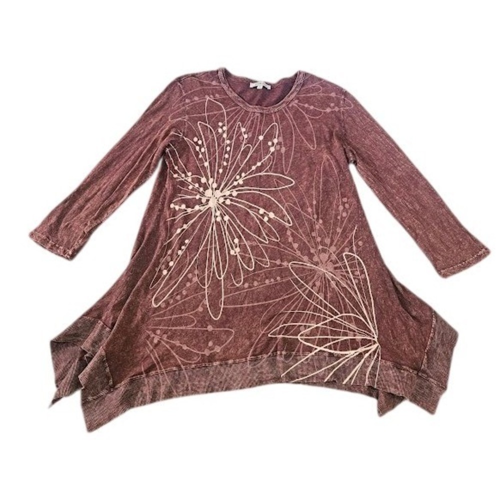 Jess & Jane Tunic Top Womens Large Burgundy Mineral Wash Floral Artsy Shirt